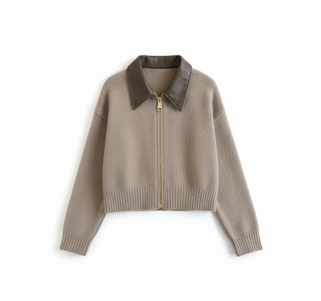 Strikkecardigan med skinnlook-krage – toveis glidelås, myk & vintage-inspirert (høst/vinter)