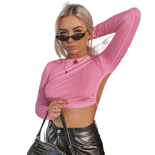 Sexy Cropped Topp med Åpen Rygg – Langermet Harajuku T-skjorte for Dame