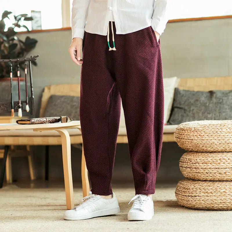 Løse Herrebukser i Kinesisk Stil – Ensfargede, Rett Passform og Ankellengde for Streetwear og Fritid