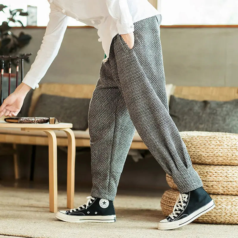 Løse Herrebukser i Kinesisk Stil – Ensfargede, Rett Passform og Ankellengde for Streetwear og Fritid