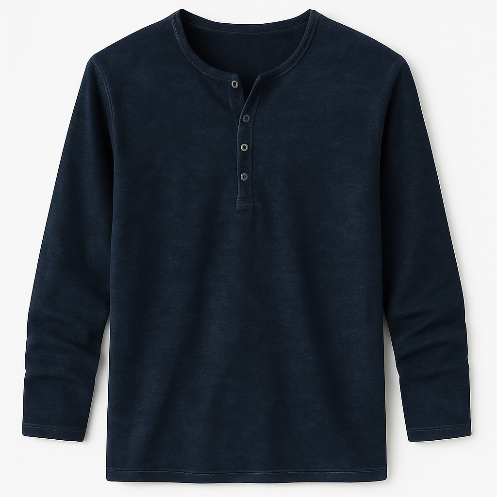 Langermet Herre T-skjorte med V-hals – Henley Design med Knapper, Perfekt for Høstsesongen