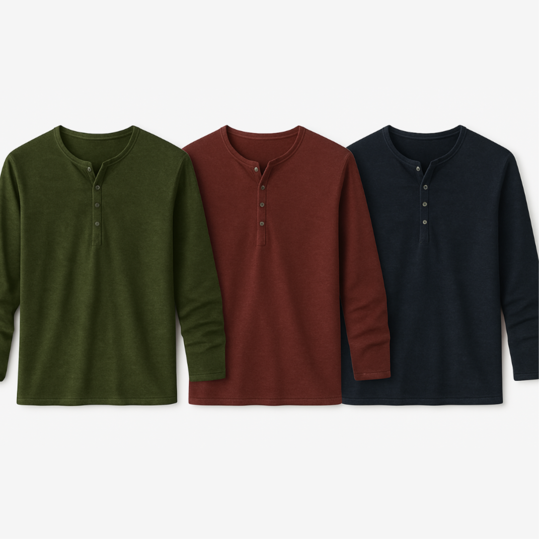 Langermet Herre T-skjorte med V-hals – Henley Design med Knapper, Perfekt for Høstsesongen