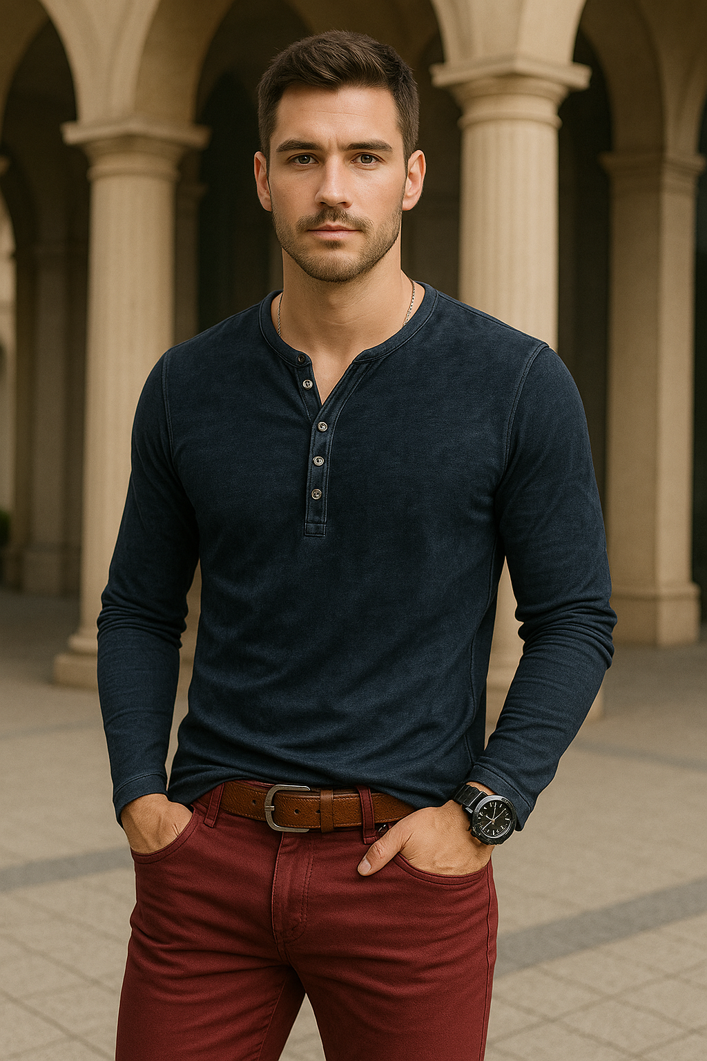 Langermet Herre T-skjorte med V-hals – Henley Design med Knapper, Perfekt for Høstsesongen - Blue
