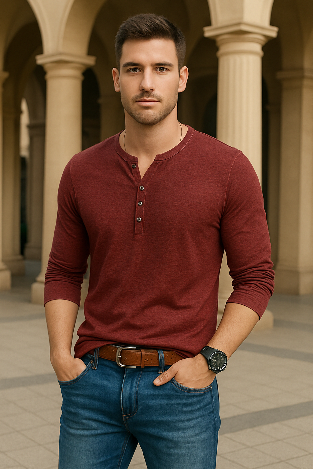 Langermet Herre T-skjorte med V-hals – Henley Design med Knapper, Perfekt for Høstsesongen