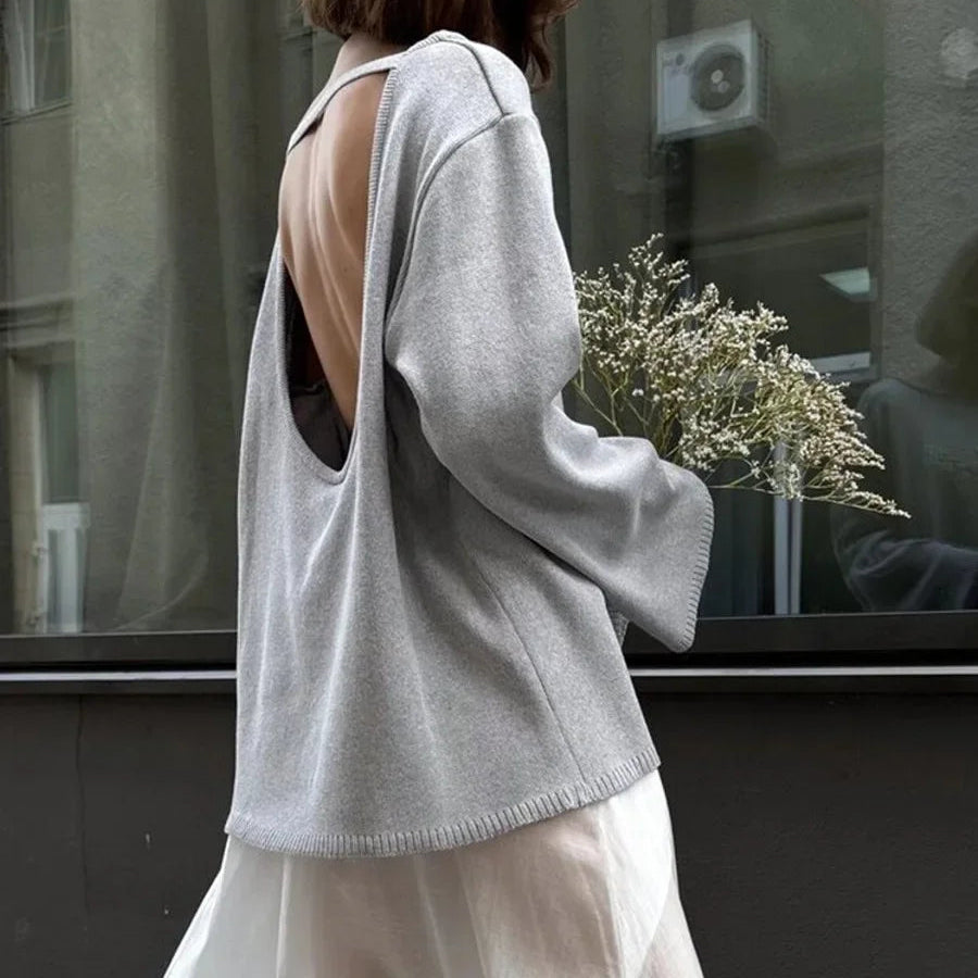 Strikkegenser for Kvinner – Myk Bomullsgenser med Åpen Rygg | Løs, Trendy og Elegant til Høst og Vinter