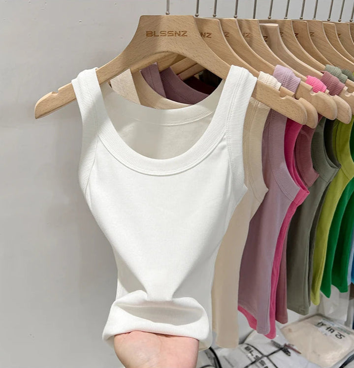 Ribbestrikket Rundhalset Topp – Basic Sommer Singlet for Dame