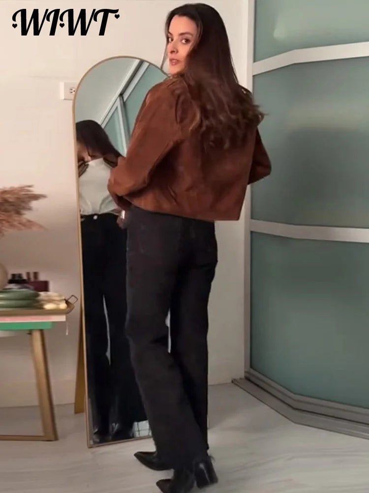 Vintage Semsket Kort Jakke til Dame – Streetwear med Glidelås & Krage