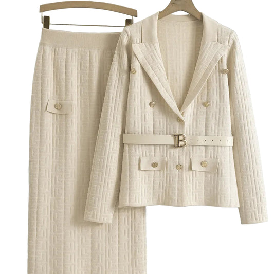 Chic Strikket 2-delt Sett til Dame – Cardigan med Belte & Høytliv Skjørt