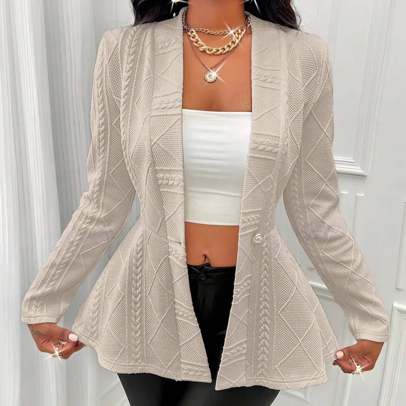 Elegant Dameblazer – Tykk Jacquard Jakke til Høst og Vinter