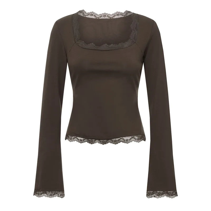 Trendy Kvadratisk Hals Topp med Blondekant – Langermet Slim Fit