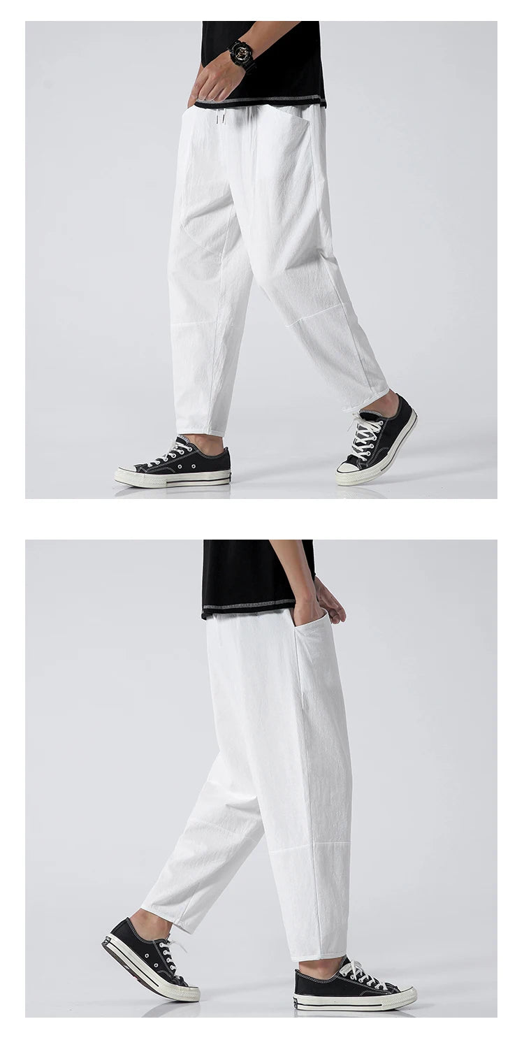 Trendy Herrebukser i 100% Bomull – Japanskinspirert, Løs Passform og Cropped Lengde (opptil 5XL)