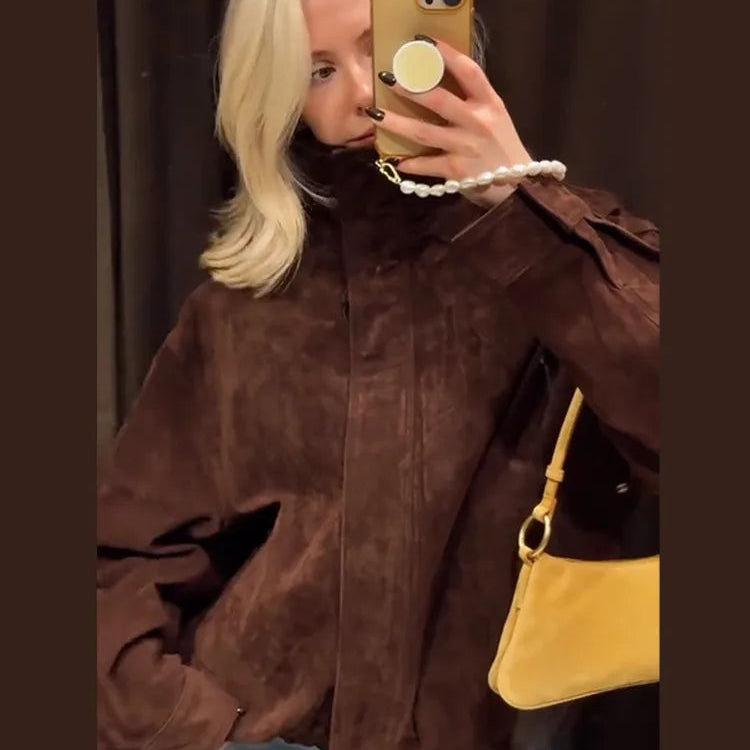 Dame Bomberjakke – Vintage Semsket Patchwork med Glidelås & Lommer