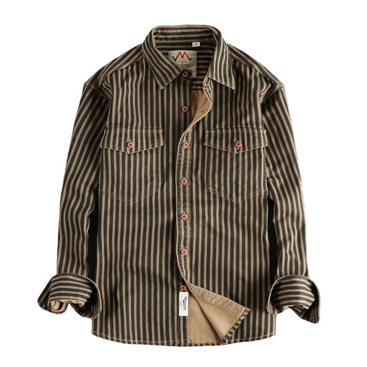 Retro Stripet Skjorte for Menn – Amerikansk Vasket Look med Lommer | Casual Langermet Skjorte for Høst og Vinter 2025