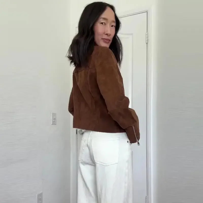 Vintage Semsket Kort Jakke til Dame – Streetwear med Glidelås & Krage