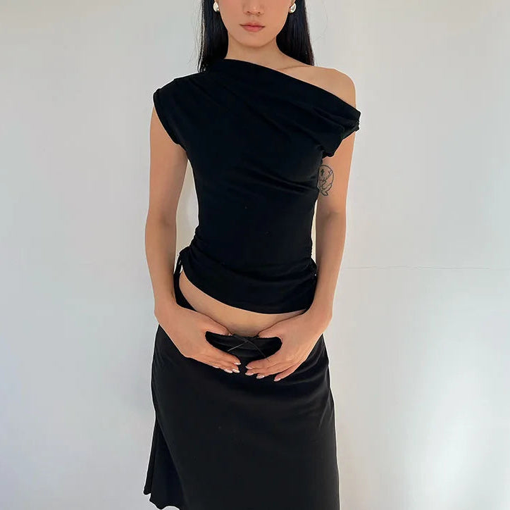 Énskulders Ribbestrikket Topp – Trendy Dame T-skjorte