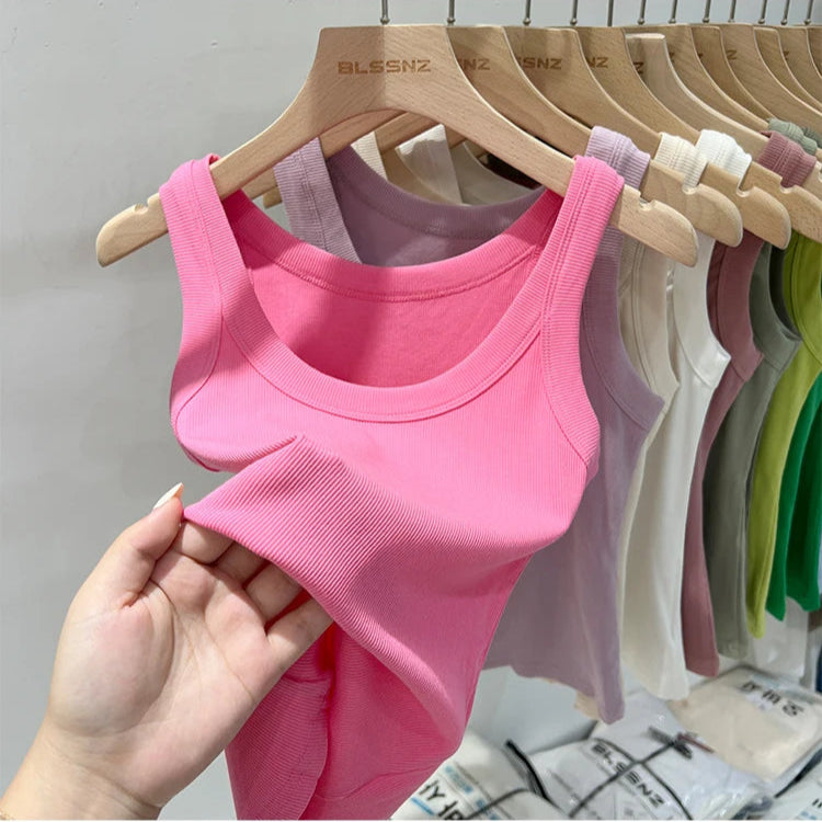 Ribbestrikket Rundhalset Topp – Basic Sommer Singlet for Dame