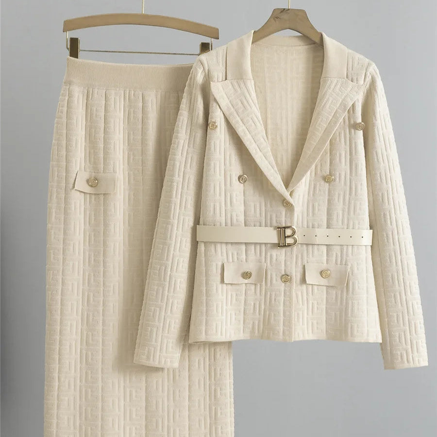 Chic Strikket 2-delt Sett til Dame – Cardigan med Belte & Høytliv Skjørt