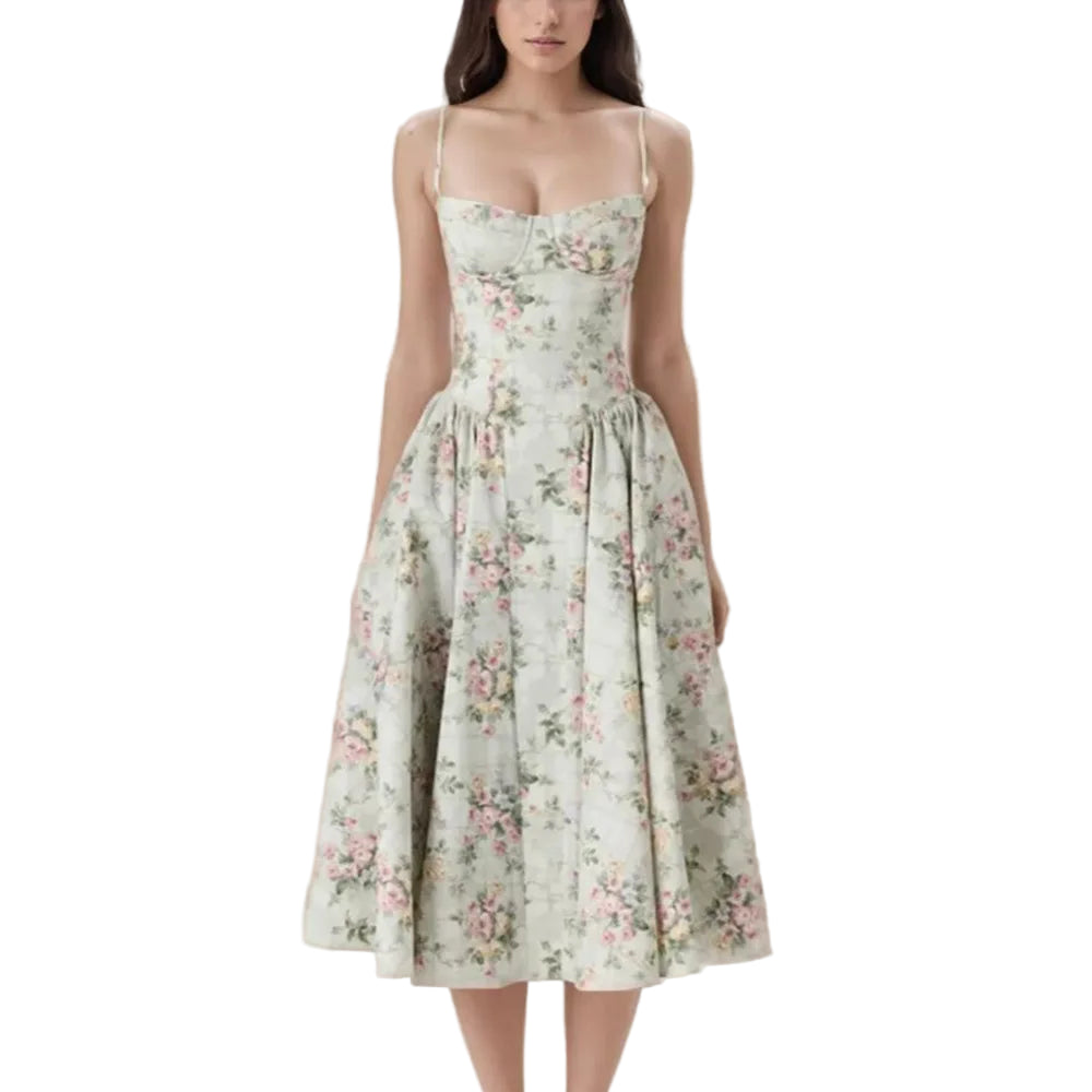 Romantisk Grønn Blomsterkjole – Korsettstil med Midi Lengde og Elegant Sving