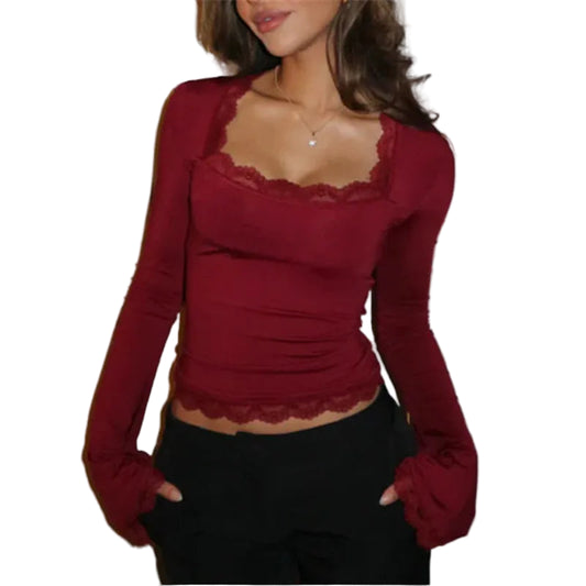 Trendy Kvadratisk Hals Topp med Blondekant – Langermet Slim Fit