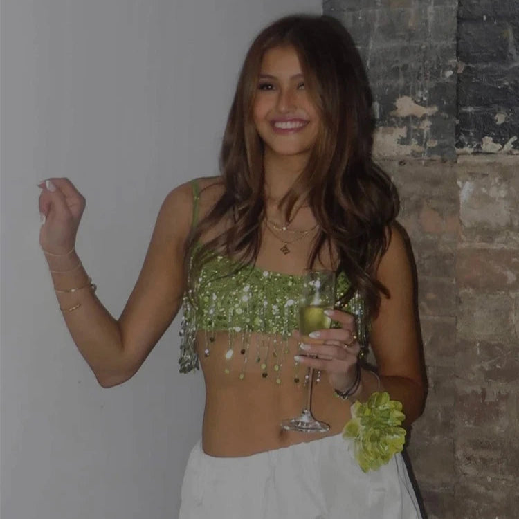 Glimrende Ibiza-sett – Paljetter & Frynser, Ermeløs Topp & Skjørt