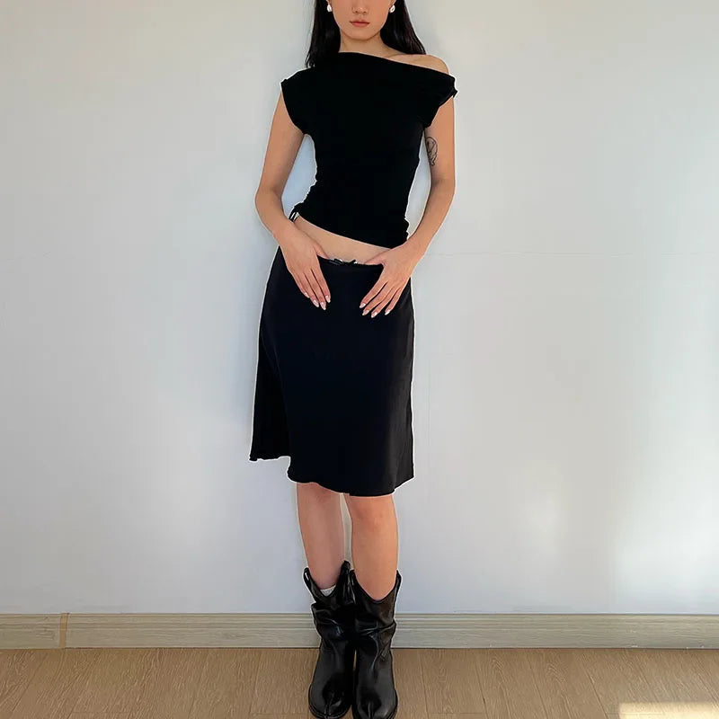 Énskulders Ribbestrikket Topp – Trendy Dame T-skjorte