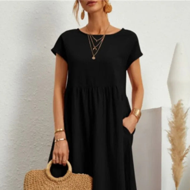 Sommerkjole i Bomull – Elegant Boho A-linje Kjole med Korte Ermer for Kvinner