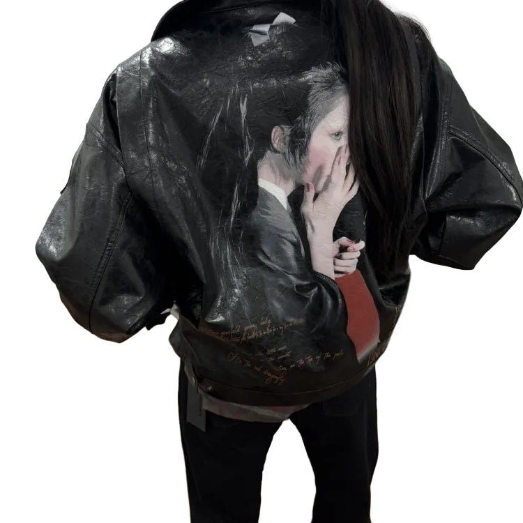 Harajuku Skinnjakke for Dame – Vintage PU Jakke med Print | Streetwear & Y2K Stil til Høst og Vinter