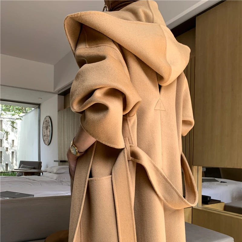 Vintage Elegant Cashmere Kåpe til Dame – Dobbelsidig Ullkåpe med Hette