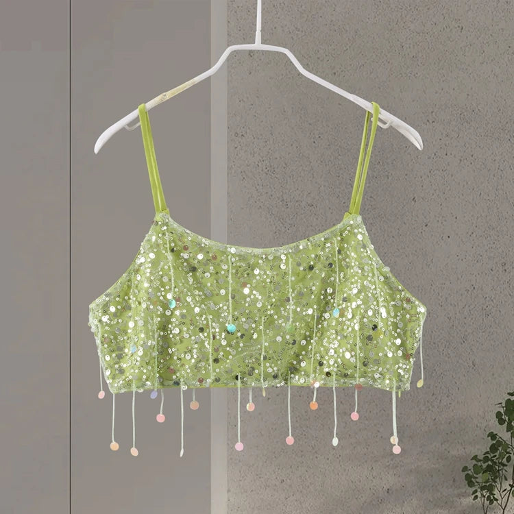 Glimrende Ibiza-sett – Paljetter & Frynser, Ermeløs Topp & Skjørt