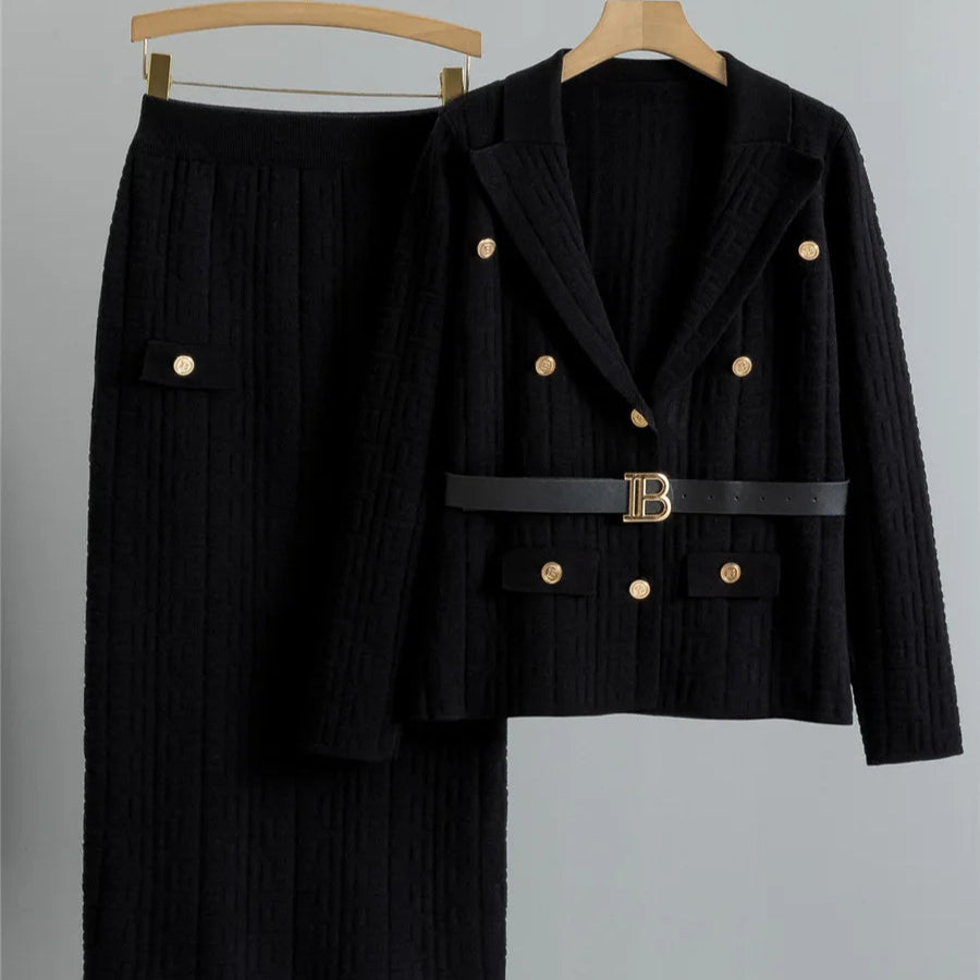 Chic Strikket 2-delt Sett til Dame – Cardigan med Belte & Høytliv Skjørt