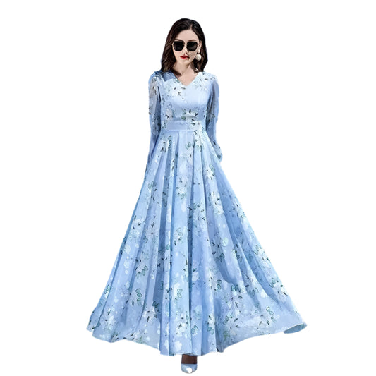 Lang Chiffon Kjole med Blomster – Vårens Elegante V-utringede Kjole med Markert Midje