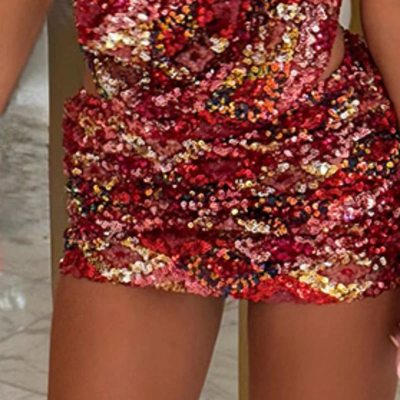 Fargerikt Paljettsett – Halterneck Toppløs Vest & Bodycon Miniskjørt