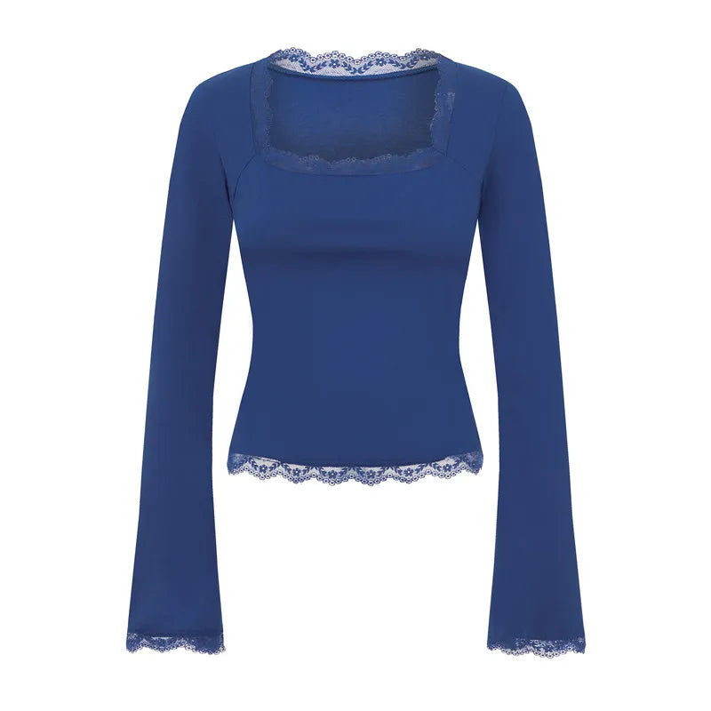 Trendy Kvadratisk Hals Topp med Blondekant – Langermet Slim Fit