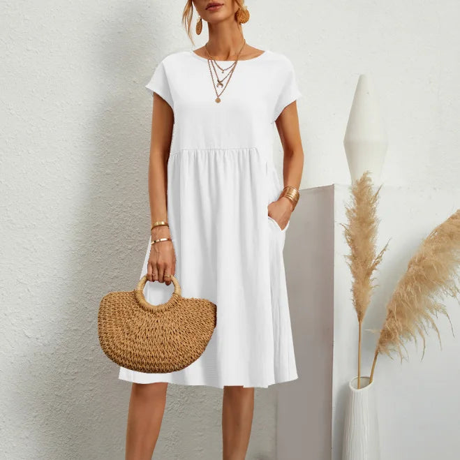 Sommerkjole i Bomull – Elegant Boho A-linje Kjole med Korte Ermer for Kvinner