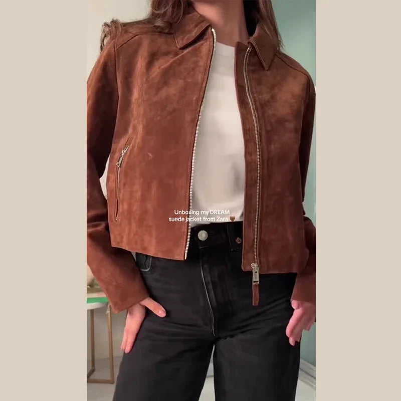 Vintage Semsket Kort Jakke til Dame – Streetwear med Glidelås & Krage