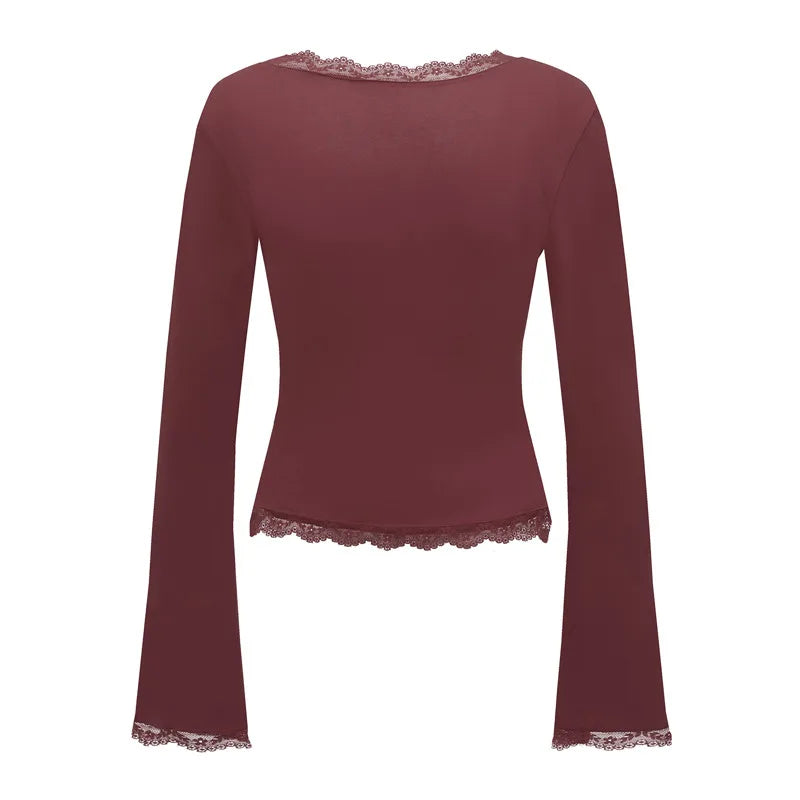 Trendy Kvadratisk Hals Topp med Blondekant – Langermet Slim Fit