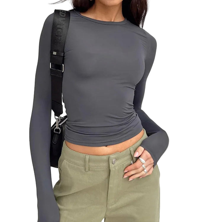 Dame T-skjorte med Lange Ermer – Slim Fit & Ensfarget | Casual Høst/Vår Top