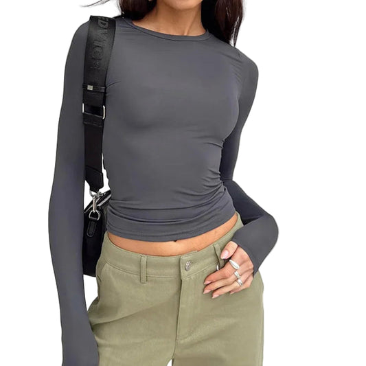Dame T-skjorte med Lange Ermer – Slim Fit & Ensfarget | Casual Høst/Vår Top