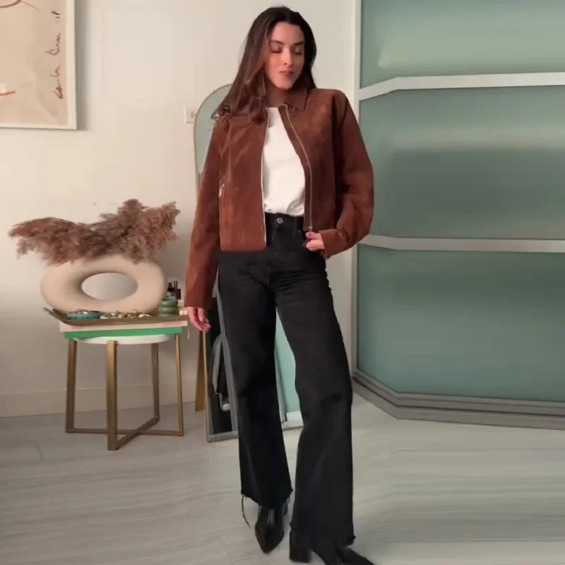 Vintage Semsket Kort Jakke til Dame – Streetwear med Glidelås & Krage