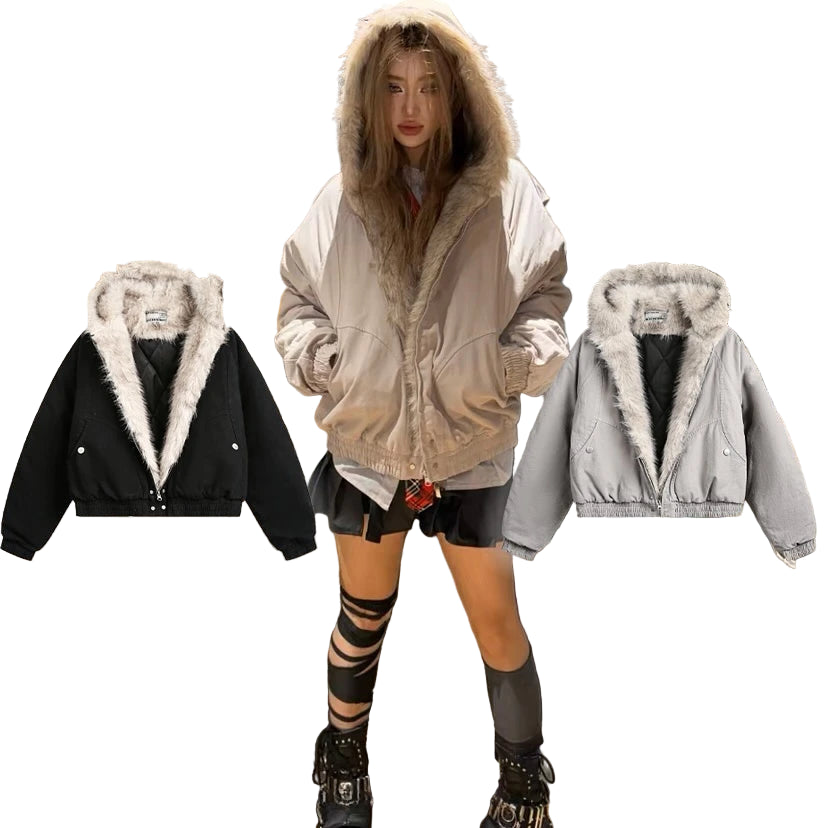 Y2K Unisex Skinnjakke med Fuskepelskrage – Retro Motorsykkeljakke | Varm, Løs & Streetwear-inspirert Stil