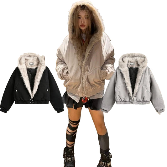 Y2K Unisex Skinnjakke med Fuskepelskrage – Retro Motorsykkeljakke | Varm, Løs & Streetwear-inspirert Stil