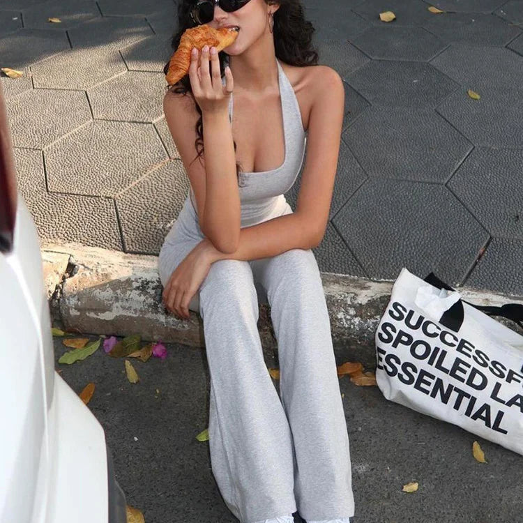 Dame 2-delt Sett – Sporty og Elegant Halter Topp med Vide Bukser