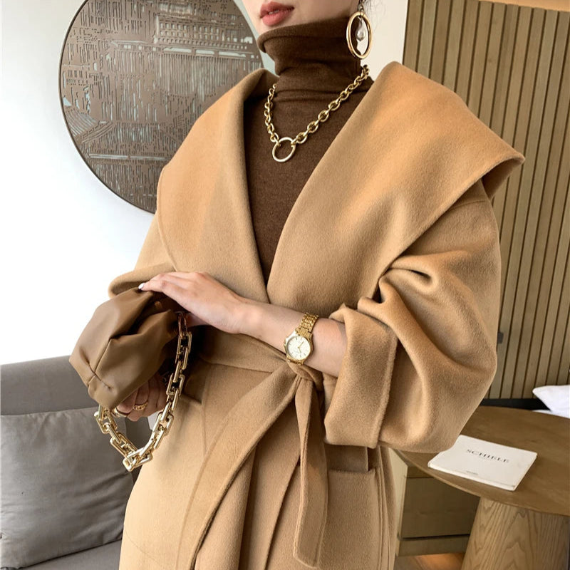 Vintage Elegant Cashmere Kåpe til Dame – Dobbelsidig Ullkåpe med Hette