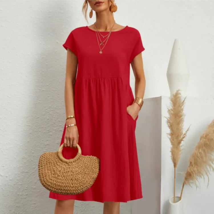 Sommerkjole i Bomull – Elegant Boho A-linje Kjole med Korte Ermer for Kvinner