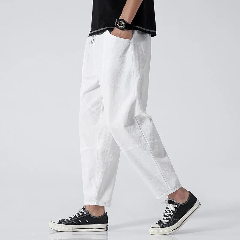 Trendy Herrebukser i 100% Bomull – Japanskinspirert, Løs Passform og Cropped Lengde (opptil 5XL)