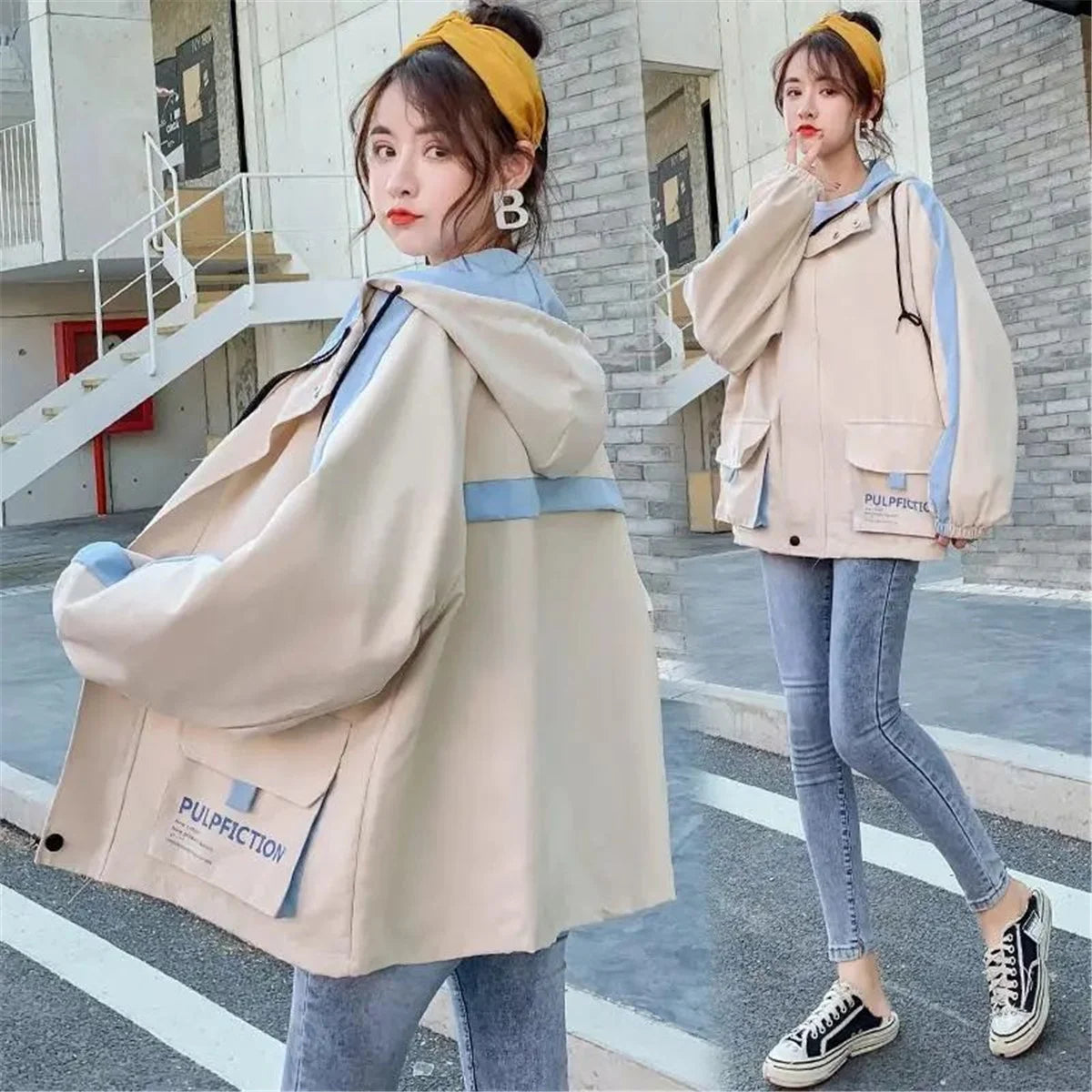 Vintage Streetwear Patchwork Jakke – Harajuku/Kpop Hoodie til Dame