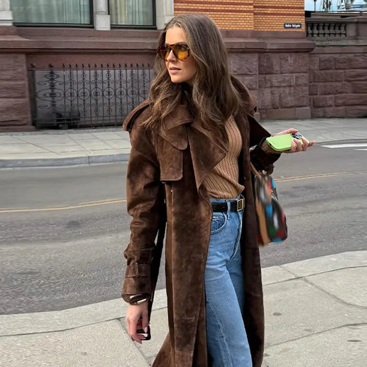 Lang Semsket Frakk for Dame – Elegant Dobbeltspent Jakke med Belte | Vintage Stil til Høst og Vinter 2025