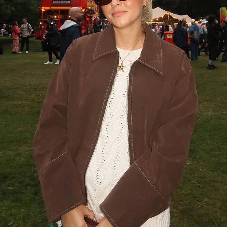 Dame Bomberjakke – Vintage Semsket Patchwork med Glidelås & Lommer