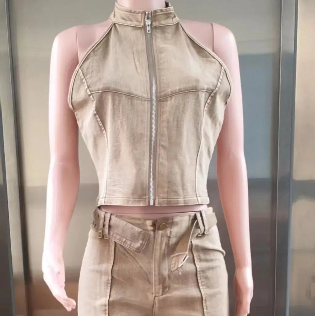 Trendy Denimsett for Kvinner – Kort Cardigan med Glidelås & Ermeløs Crop Top + Skinny Shorts