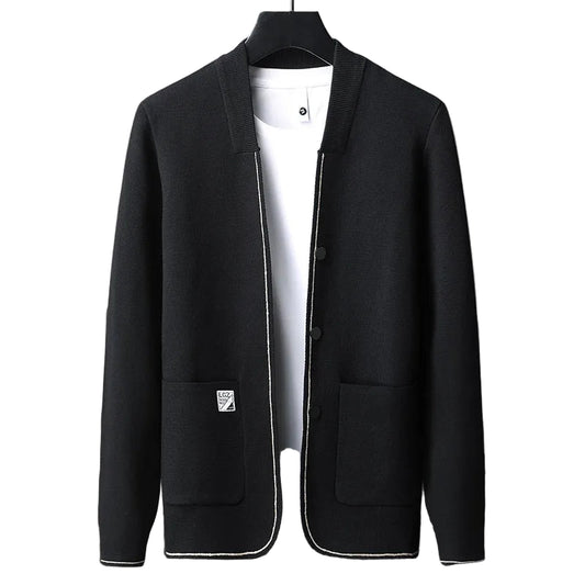 Herre Cardigan – Strikket Ensfarget Jakke | Koreansk Casual med Sjal-krage & Lommer